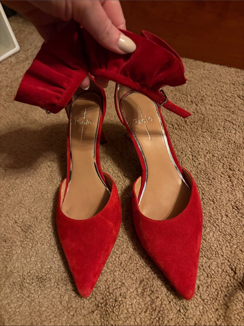 Paolo Red Suede Pointed-Toe Ankle-Strap Heels with Ruffle Accent